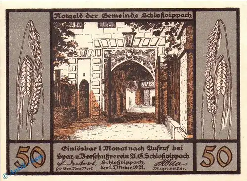 Notgeld Schloßvippach 1183.1 , 50 Pfennig Schein in kfr. von 1921 , Thüringen Seriennotgeld