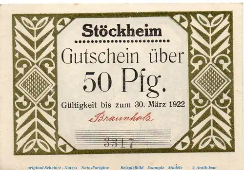 Notgeld Gemeinde Stöckheim , 1272.2 , 50 Pfennig Schein Nr 4 , o.D. Niedersachsen Seriennotgeld