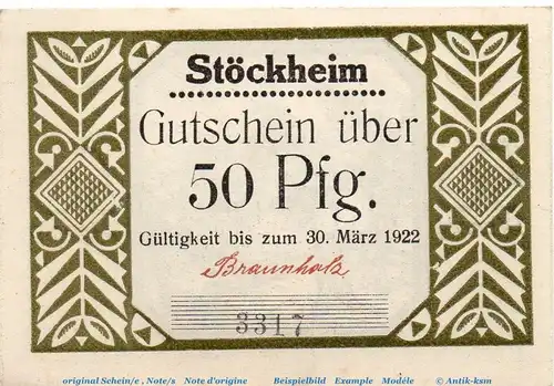 Notgeld Gemeinde Stöckheim , 1272.2 , 50 Pfennig Schein Nr 3 , o.D. Niedersachsen Seriennotgeld