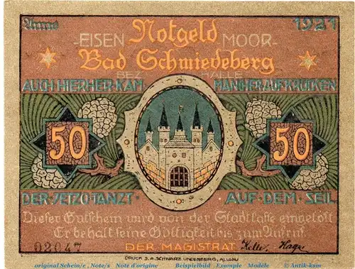 Notgeld Stadt Schmiedeberg 1186.1.a , 50 Pfennig Glanzdruck Nr 3 in kfr. von 1921 , Sachsen Anhalt Seriennotgeld