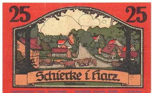 Notgeld Kurverwaltung Schierke 1179.1.b , 25 Pfennig Nr 1 Ohne Kennummer in kfr. von 1921 , Sachsen Anhalt Seriennotgeld
