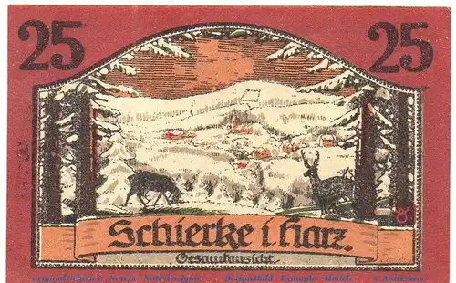 Notgeld Kurverwaltung Schierke 1179.1.b , 25 Pfennig Nr 2 Ohne Kennummer in kfr. von 1921 , Sachsen Anhalt Seriennotgeld
