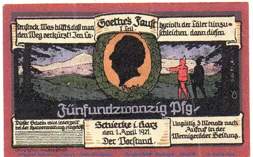 Notgeld Kurverwaltung Schierke 1179.1.b , 25 Pfennig Nr 2 Ohne Kennummer in kfr. von 1921 , Sachsen Anhalt Seriennotgeld