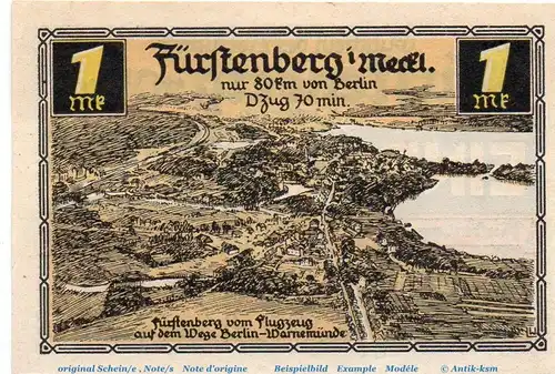 Notgeld Stadt Fürstenberg 402.11 , 1 Mark Nr 2 , WZ gelb , in kfr. von 1921 , Brandenburg Seriennotgeld
