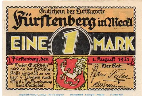 Notgeld Stadt Fürstenberg 402.11 , 1 Mark Nr 2 , WZ gelb , in kfr. von 1921 , Brandenburg Seriennotgeld