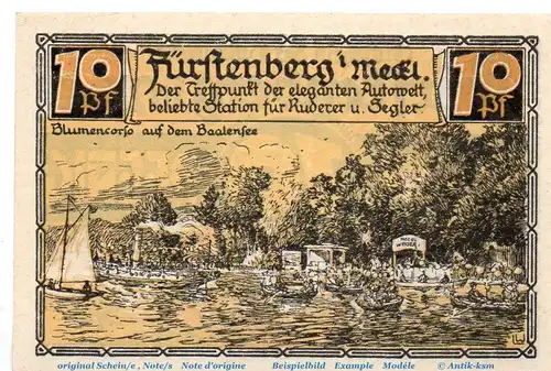 Notgeld Stadt Fürstenberg 402.11 , 10 Pfennig Schein , WZ gelb , in kfr. von 1921 , Brandenburg Seriennotgeld