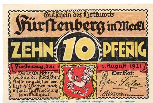 Notgeld Stadt Fürstenberg 402.11 , 10 Pfennig Schein , WZ gelb , in kfr. von 1921 , Brandenburg Seriennotgeld