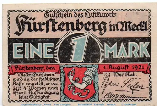 Notgeld Stadt Fürstenberg 402.12 , 1 Mark Nr 1 , Udr. rosa , in kfr. von 1921 , Brandenburg Seriennotgeld