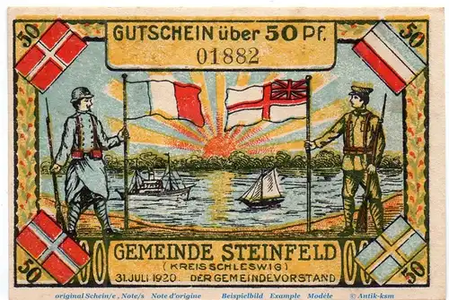 Notgeld Gemeinde Steinfeld 1262.3 , 50 Pfennig Nr 2 , Fehldruck No , in kfr. von 1920 , Schleswig Holstein Seriennotgeld