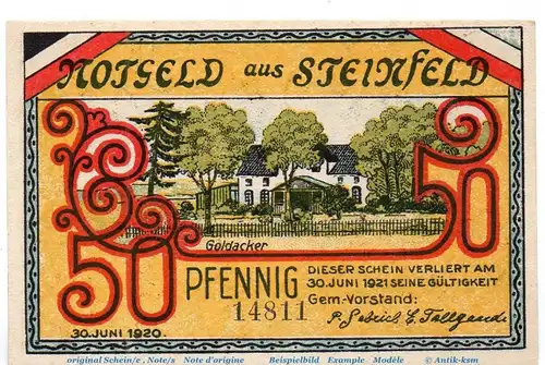 Notgeld Gemeinde Steinfeld 1262.1 , 50 Pfennig Schein , Fehldruck No , in kfr. von 1920 , Schleswig Holstein Seriennotgeld