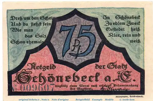 Notgeld Stadt Schönebeck Elbe 1196.2.a , 75 Pfennig Schein Nr 1 in kfr. o.D. Sachsen Anhalt Seriennotgeld