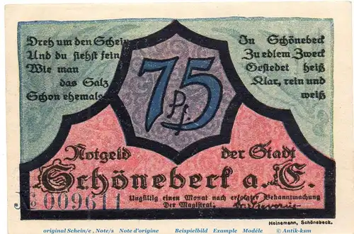 Notgeld Stadt Schönebeck Elbe 1196.2.a , 75 Pfennig Schein Nr 2 in kfr. o.D. Sachsen Anhalt Seriennotgeld