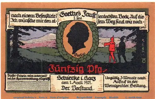 Notgeld Kurverwaltung Schierke 1179.1.b , 50 Pfennig Nr 2 Ohne Kennummer in kfr. von 1921 , Sachsen Anhalt Seriennotgeld