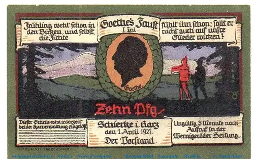 Notgeld Kurverwaltung Schierke 1179.1.b , 10 Pfennig Musterschein Nr 1 , o. Kn. in kfr. von 1921 , Sachsen Anhalt Seriennotgeld