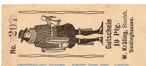 Notgeld Buchhandlung Kräling Siedlinghausen 1224.1.e , 10 Pfennig Schein in kfr. o.D. Westfalen Seriennotgeld