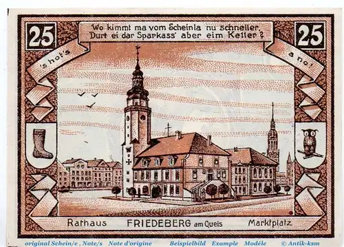 Notgeld Sparkasse Friedeberg a. Queis 391.2.a , 25 Pfennig Schein Kn und Us in kfr. von 1922 , Schlesien Seriennotgeld