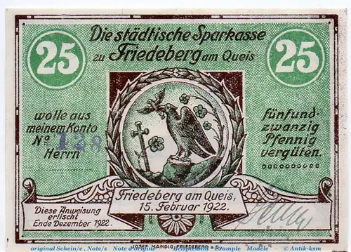 Notgeld Sparkasse Friedeberg a. Queis 391.2.a , 25 Pfennig Schein Kn und Us in kfr. von 1922 , Schlesien Seriennotgeld
