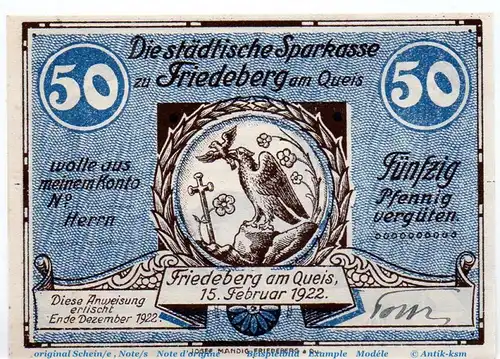 Notgeld Sparkasse Friedeberg a. Qeis 391.2 , 50 Pfennig Schein mit Us in kfr. von 1922 , Schlesien Seriennotgeld