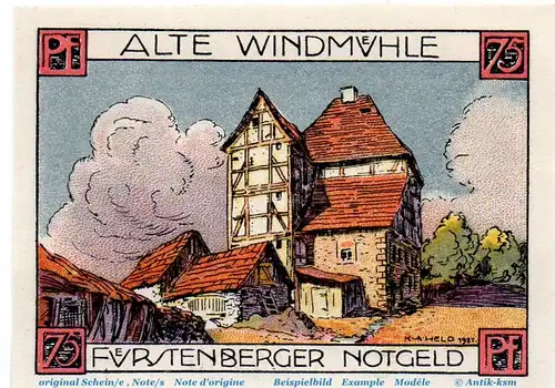 Fürstenberg , Notgeld 75 Pfennig Schein in kfr. M-G 401.1 , Niedersachsen 1921 Seriennotgeld