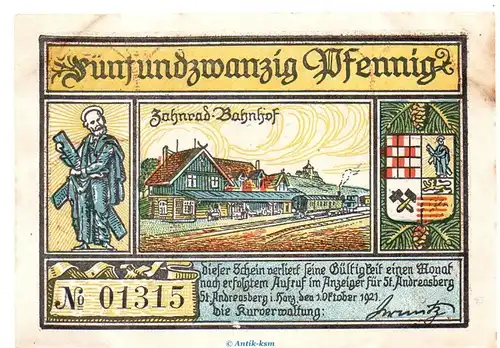 Notgeld Kurverwaltung St. Andreasberg 1164.2 , 25 Pfennig Schein in l-gbr. von 1921 , Niedersachsen Seriennotgeld