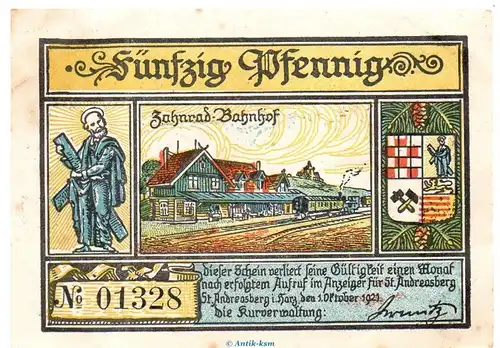 Notgeld Kurverwaltung St. Andreasberg 1164.2 , 50 Pfennig Schein in l-gbr. von 1921 , Niedersachsen Seriennotgeld