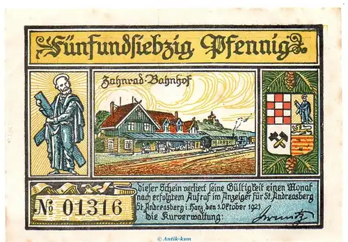 Notgeld Kurverwaltung St. Andreasberg 1164.2 , 75 Pfennig Schein in l-gbr. von 1921 , Niedersachsen Seriennotgeld