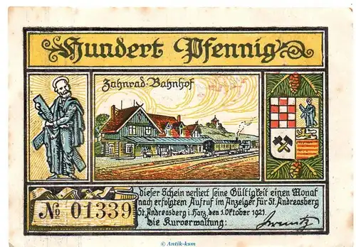 Notgeld Kurverwaltung St. Andreasberg 1164.2 , 100 Pfennig Schein in l-gbr. von 1921 , Niedersachsen Seriennotgeld