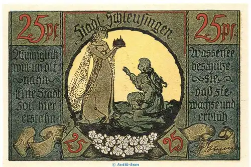 Notgeld Stadt Schleusingen 1181.3.a-b  , 25 Pfennig Schein gelblich und dick in kfr. von 1921 Thüringen Seriennotgeld