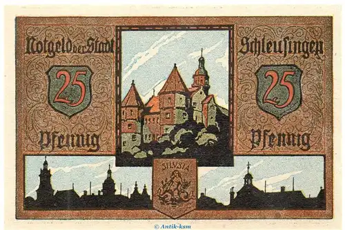 Notgeld Stadt Schleusingen 1181.3.a-b  , 25 Pfennig Schein gelblich und dick in kfr. von 1921 Thüringen Seriennotgeld