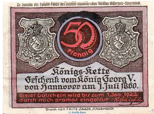 Notgeld Schützenhof Scharmbeck 1172.3 , 50 Pfennig Schein in kfr. o.D. , Niedersachsen Seriennotgeld