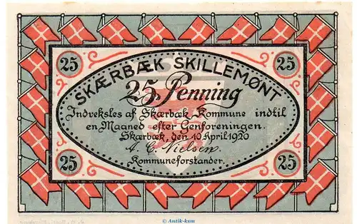 Notgeld Gemeinde Scherrebeck 1176.1.a , 25 Pfennig Schein in kfr. von 1920 , dänisch Nordschleswig Seriennotgeld