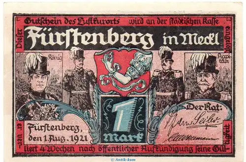 Notgeld Stadt Fürstenberg 402.7 , 1 Mark -rosabraun- und Fehldruck in kfr. von 1921 , Brandenburg Seriennotgeld