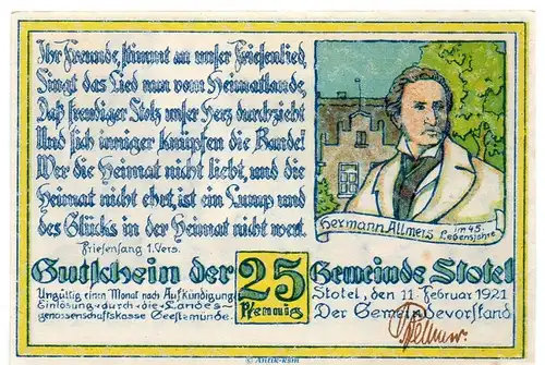 Notgeld Gemeinde Stotel 1278.3.b , 25 Pfennig 1.Vers o.Drfa. in kfr. von 1921 , Niedersachsen Seriennotgeld