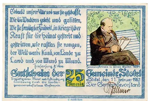 Notgeld Gemeinde Stotel 1278.3.b , 25 Pfennig 2.Vers o.Drfa. in kfr. von 1921 , Niedersachsen Seriennotgeld