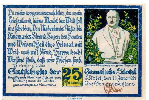 Notgeld Gemeinde Stotel 1278.3.b , 25 Pfennig 3.Vers o.Drfa. in kfr. von 1921 , Niedersachsen Seriennotgeld