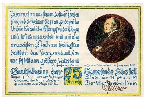 Notgeld Gemeinde Stotel 1278.3.b , 25 Pfennig 4.Vers o.Drfa. in kfr. von 1921 , Niedersachsen Seriennotgeld