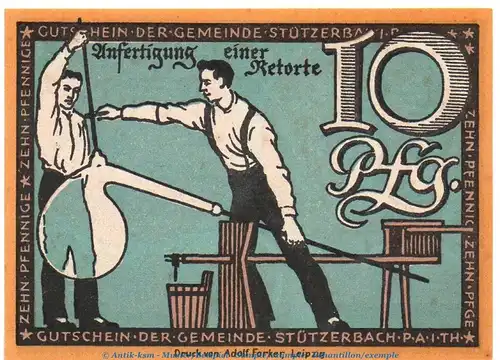 Notgeld Gemeinde Stützerbach , 10 Pfennig -mit Z- Schein in kfr. von 1921 , Thüringen Seriennotgeld