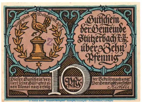 Notgeld Gemeinde Stützerbach , 10 Pfennig -mit Z- Schein in kfr. von 1921 , Thüringen Seriennotgeld