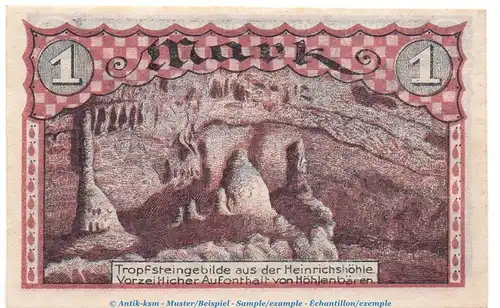 Notgeld H.Meise Heinrichshöhle Sundwig 1305.1 , 1 Mark Schein in kfr. o.D. Westfalen Seriennotgeld