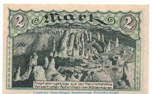 Notgeld H.Meise Heinrichshöhle Sundwig 1305.1 , 2 Mark Schein in kfr. o.D. Westfalen Seriennotgeld