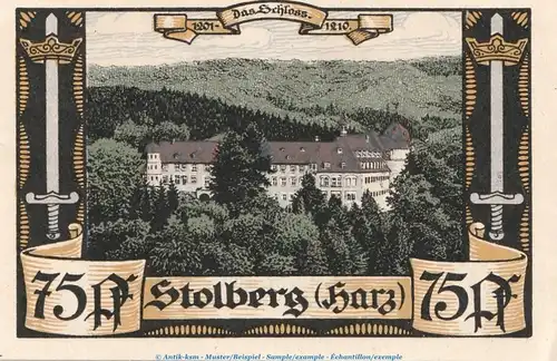 Notgeld Stadt Stolberg 1273.2 , 75 Pfennig Schloss -rotbraun- in kfr. o.D. Sachsen Anhalt Seriennotgeld
