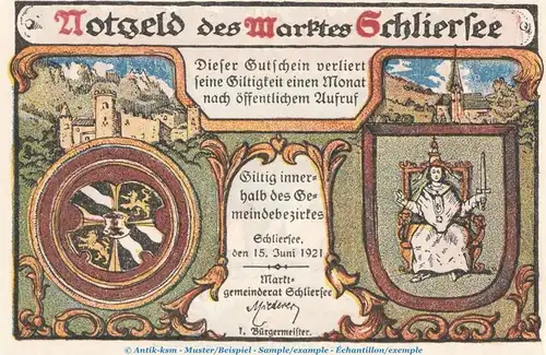 Notgeld Marktgemeinde Schliersee 1182.1 , 10 Pfennig Schein in kfr. von 1921 , Bayern Seriennotgeld