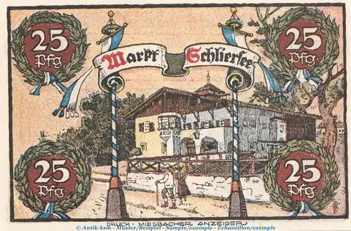 Notgeld Marktgemeinde Schliersee 1182.1 , 25 Pfennig Schein in kfr. von 1921 , Bayern Seriennotgeld