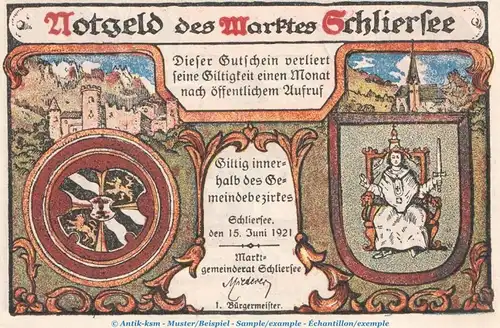 Notgeld Marktgemeinde Schliersee 1182.1 , 25 Pfennig Schein in kfr. von 1921 , Bayern Seriennotgeld