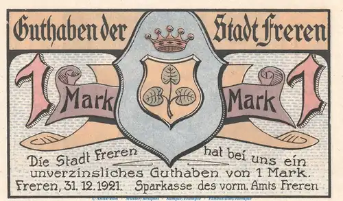 Notgeld Sparkasse Freren 387.1 , 1 Mark Schein in kfr. von 1921 , Niedersachsen Seriennotgeld