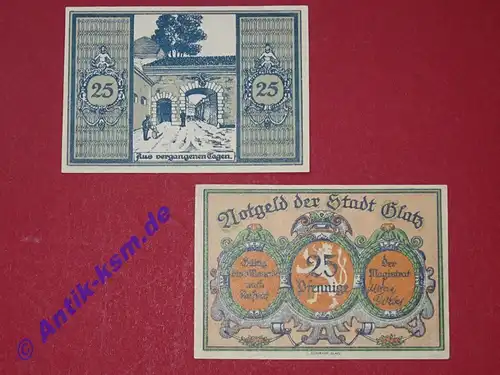 Notgeld Glatz , Stadt , Schlesien , Polen Klodzko , Einzelschein 25 Pfennig , Festungsthor , Seriennotgeld , 431.1 , von 1921