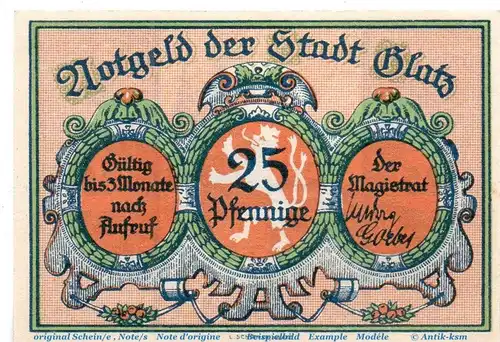 Notgeld Stadt Glatz 431.3 , 25 Pfennig Nr 4 gelbbraun in kfr.von 1921 , Schlesien Seriennotgeld