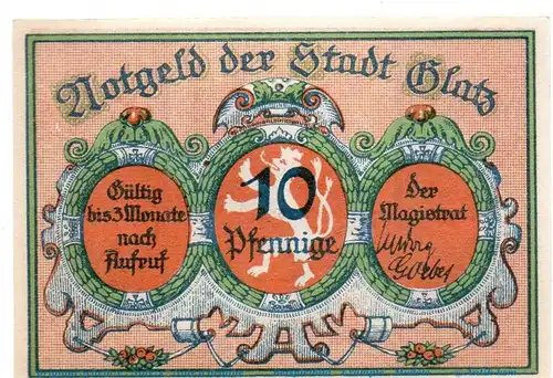 Notgeld Stadt Glatz 431.2 , 10 Pfennig Nr 4 rot in kfr.von 1921 , Schlesien Seriennotgeld