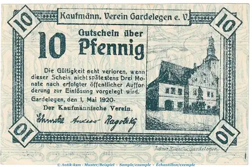 Notgeld Kfm. Verein Gardelegen 407.1.b , 10 Pfennig Schein -Udr.- in kfr. von 1920 , Sachsen Anhalt Seriennotgeld