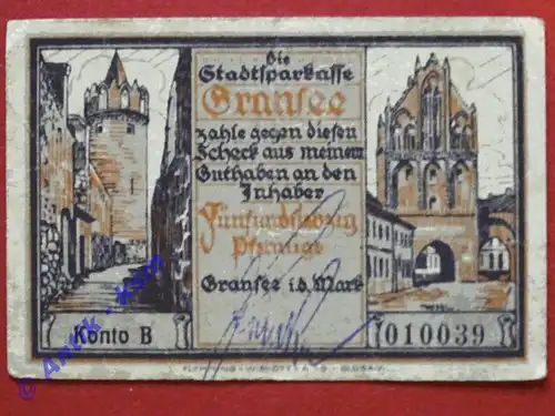 Notgeld Gransee , Einzelschein über 75 Pfennig mit Unterschrift , Mehl Grabowski 465.1 B , Seriennotgeld Brandenburg